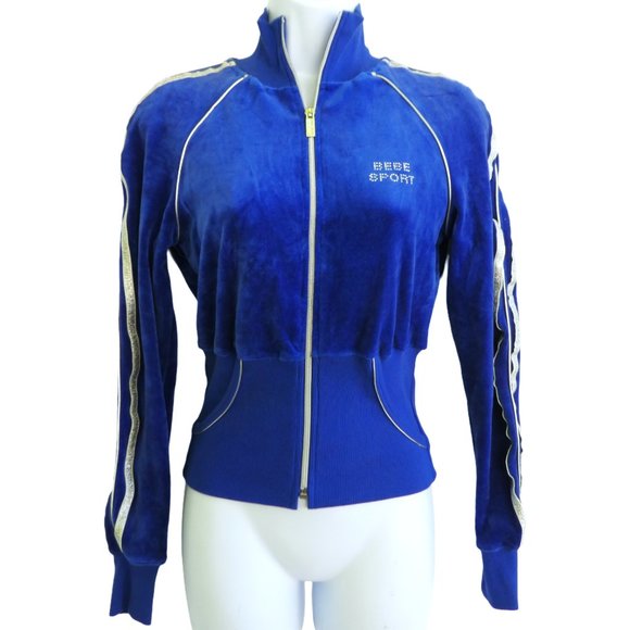 Vintage Bebe Sport Cobalt Velour Track Jacket Full Zip Silver Piping Trim USA S - Picture 1 of 9